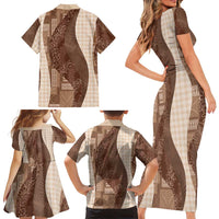 Polynesian Tribal Pattern Patchwork Picturesque Family Matching Short Sleeve Bodycon Dress and Hawaiian Shirt Mocha