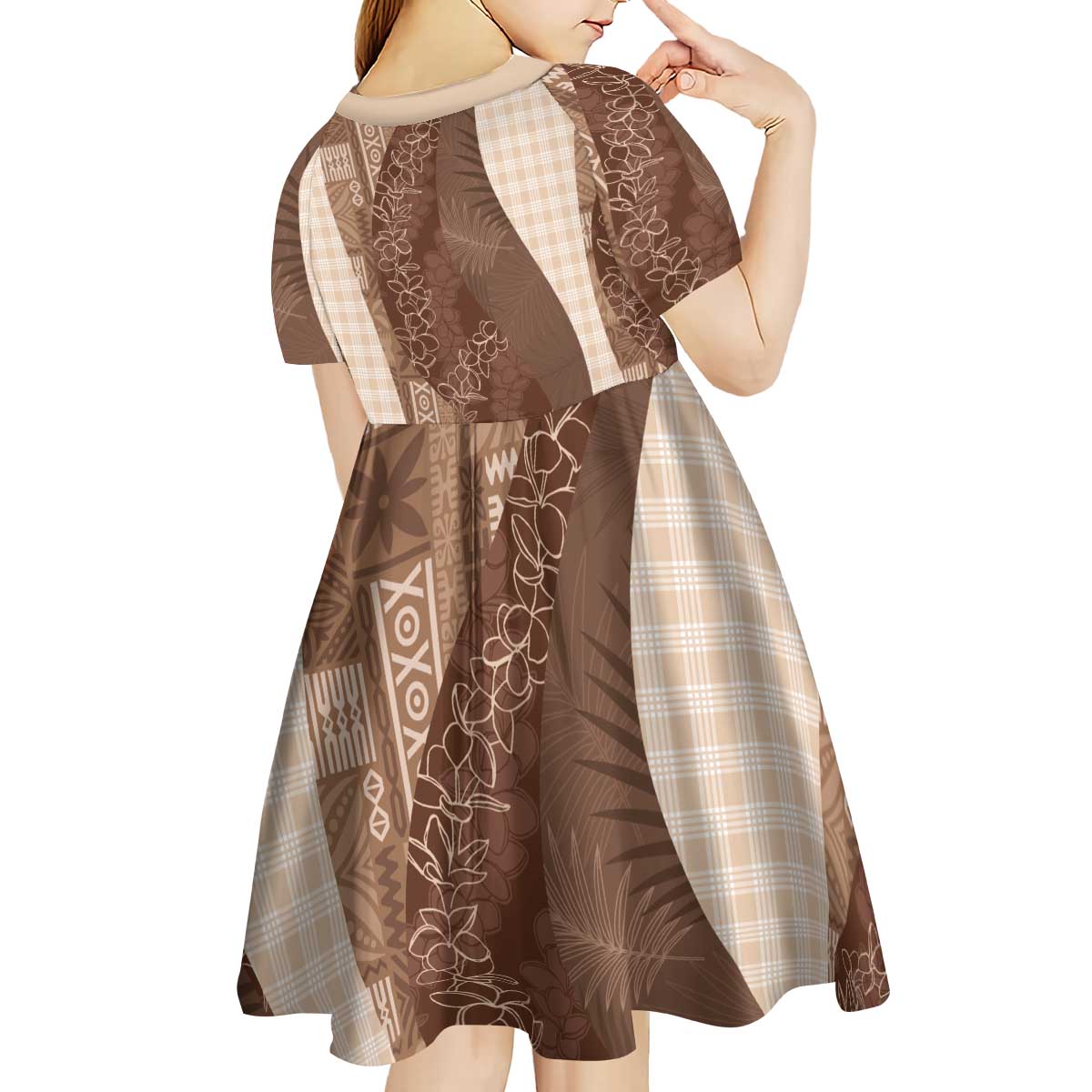 Polynesian Tribal Pattern Patchwork Picturesque Kid Short Sleeve Dress Mocha