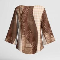 Polynesian Tribal Pattern Patchwork Picturesque Kimono Sleeve Blouse Mocha