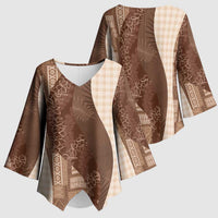 Polynesian Tribal Pattern Patchwork Picturesque Kimono Sleeve Blouse Mocha