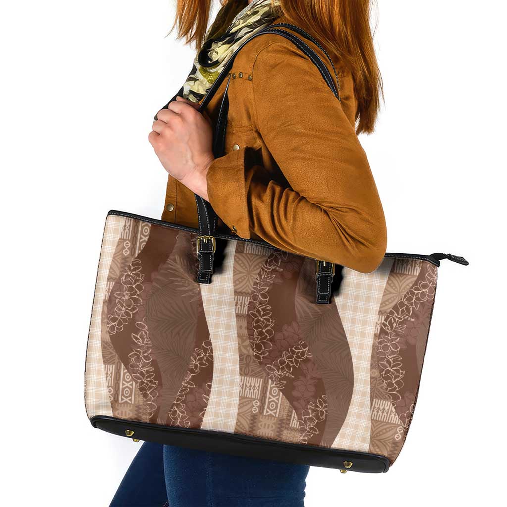 Polynesian Tribal Pattern Patchwork Picturesque Leather Tote Bag Mocha