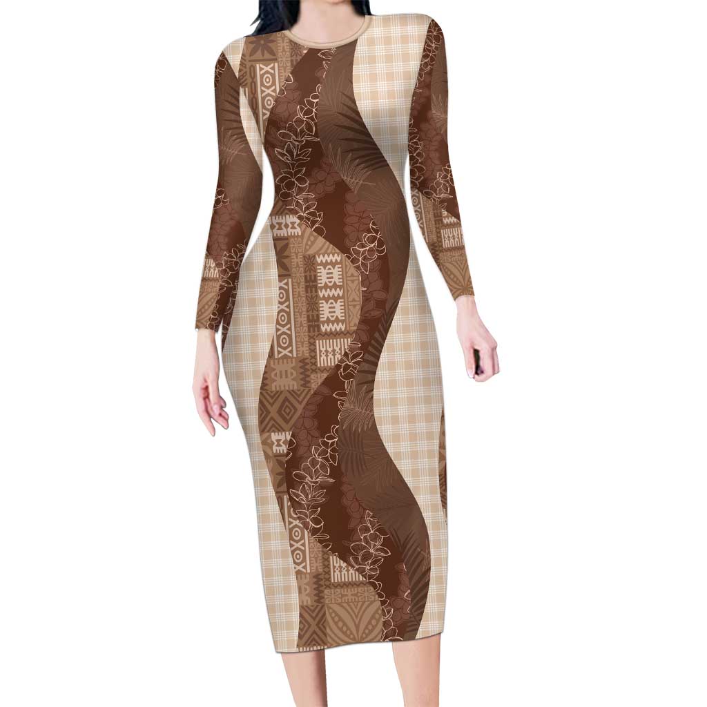 Polynesian Tribal Pattern Patchwork Picturesque Long Sleeve Bodycon Dress Mocha