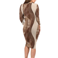 Polynesian Tribal Pattern Patchwork Picturesque Long Sleeve Bodycon Dress Mocha
