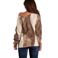 Polynesian Tribal Pattern Patchwork Picturesque Off Shoulder Sweater Mocha