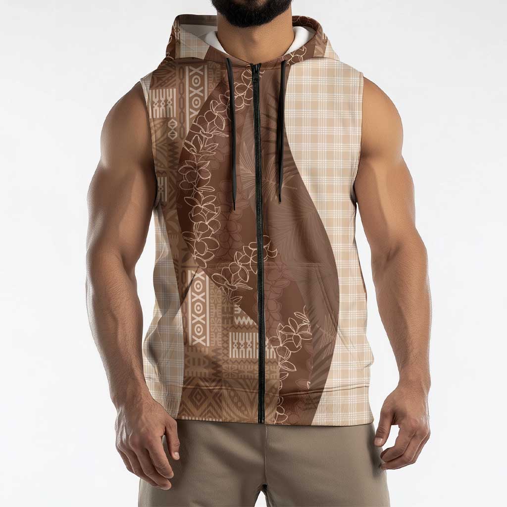 Polynesian Tribal Pattern Patchwork Picturesque Sleeveless Zip Hoodie Mocha