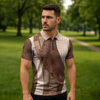 Polynesian Tribal Pattern Patchwork Picturesque Zipper Polo Shirt Mocha