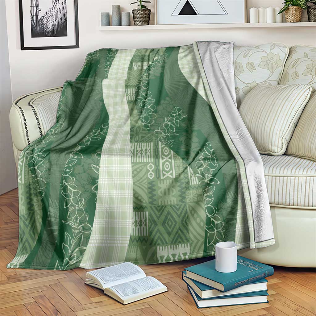 Polynesian Tribal Pattern Patchwork Picturesque Blanket Sage Green