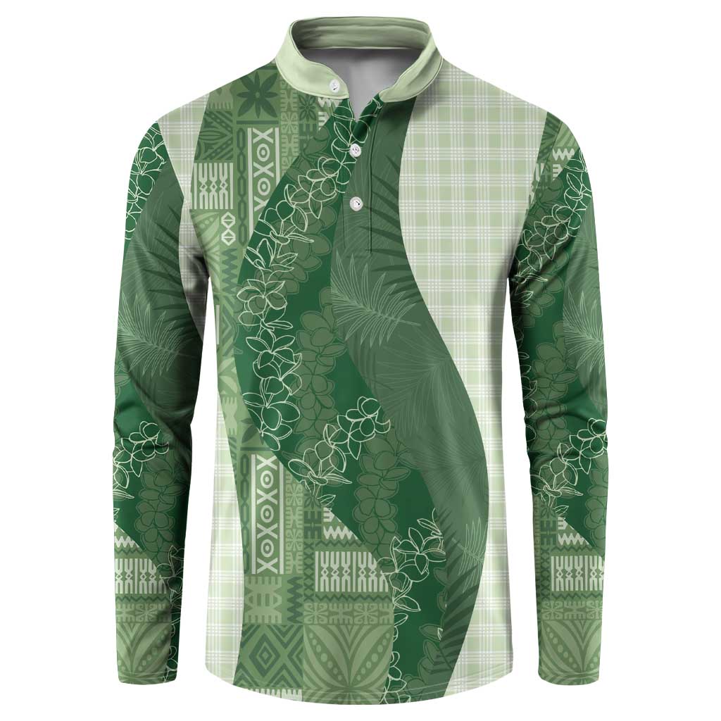 Polynesian Tribal Pattern Patchwork Picturesque Button Sweatshirt Sage Green