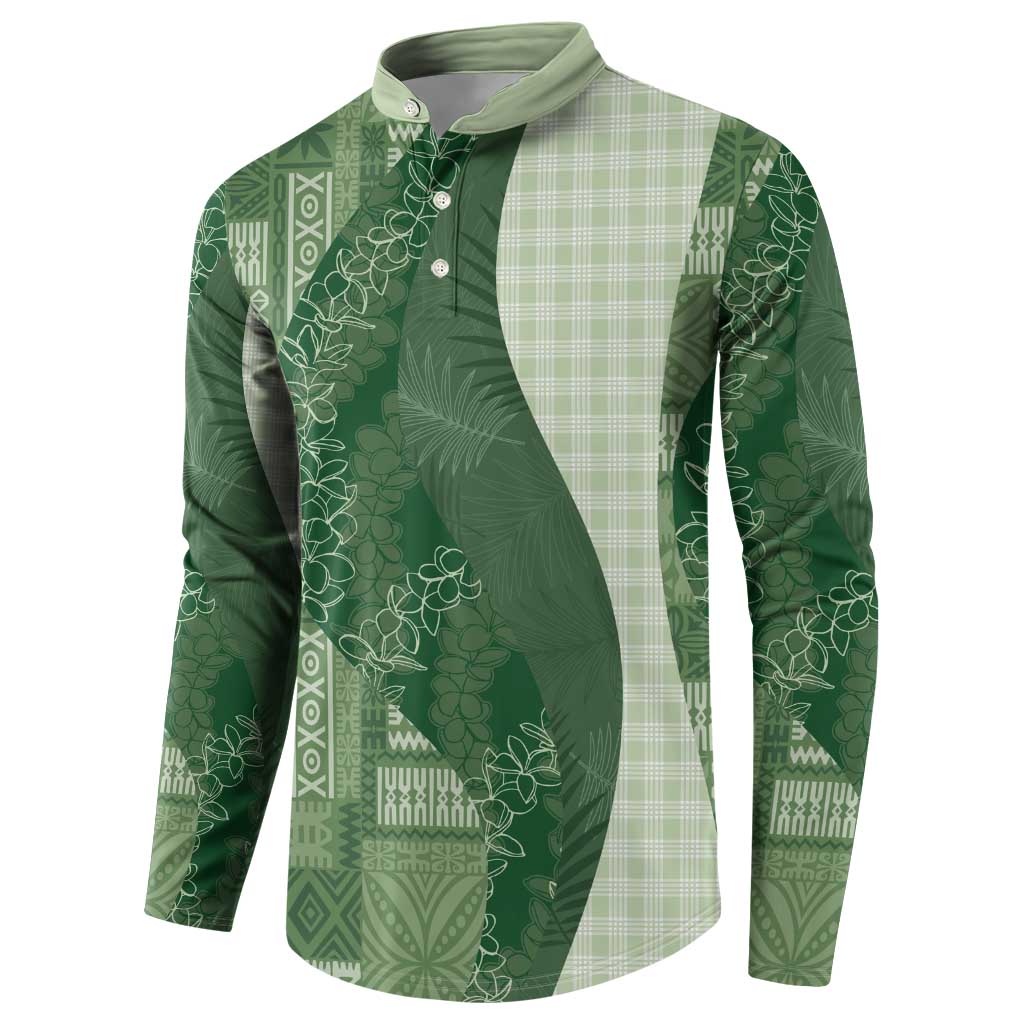 Polynesian Tribal Pattern Patchwork Picturesque Button Sweatshirt Sage Green