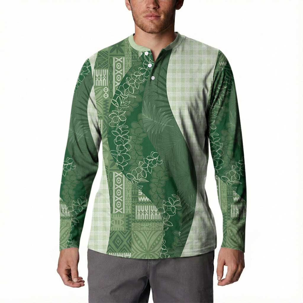 Polynesian Tribal Pattern Patchwork Picturesque Button Sweatshirt Sage Green