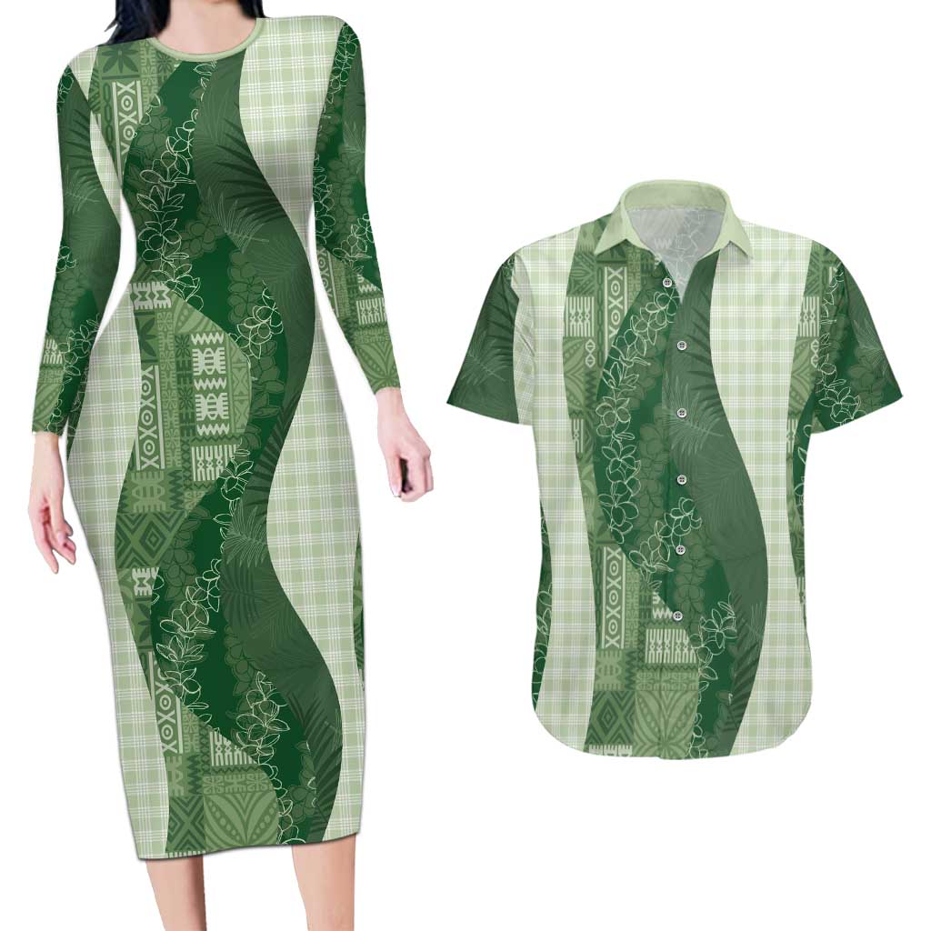Polynesian Tribal Pattern Patchwork Picturesque Couples Matching Long Sleeve Bodycon Dress and Hawaiian Shirt Sage Green