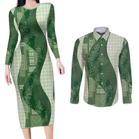 Polynesian Tribal Pattern Patchwork Picturesque Couples Matching Long Sleeve Bodycon Dress and Long Sleeve Button Shirt Sage Green