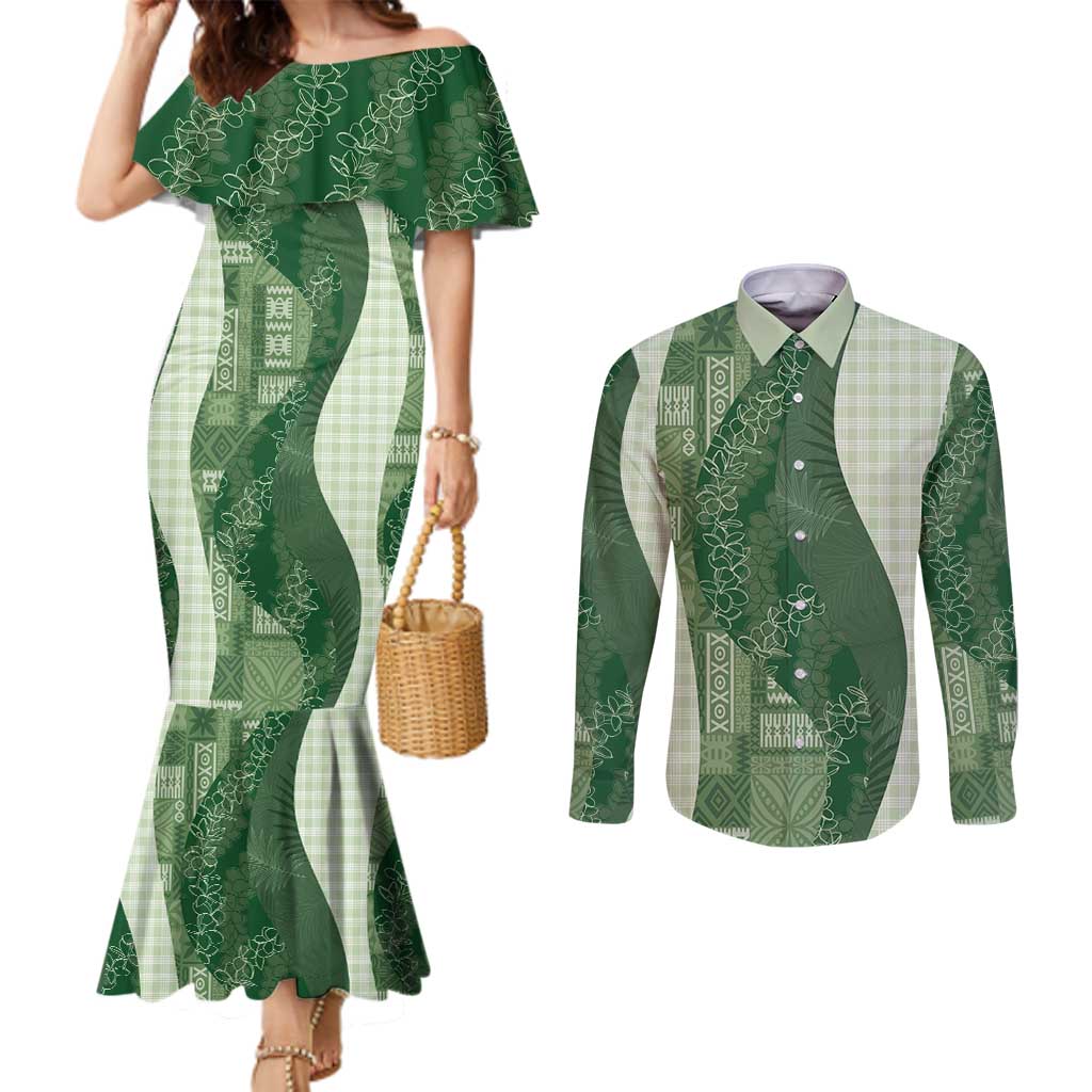 Polynesian Tribal Pattern Patchwork Picturesque Couples Matching Mermaid Dress and Long Sleeve Button Shirt Sage Green