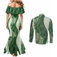 Polynesian Tribal Pattern Patchwork Picturesque Couples Matching Mermaid Dress and Long Sleeve Button Shirt Sage Green
