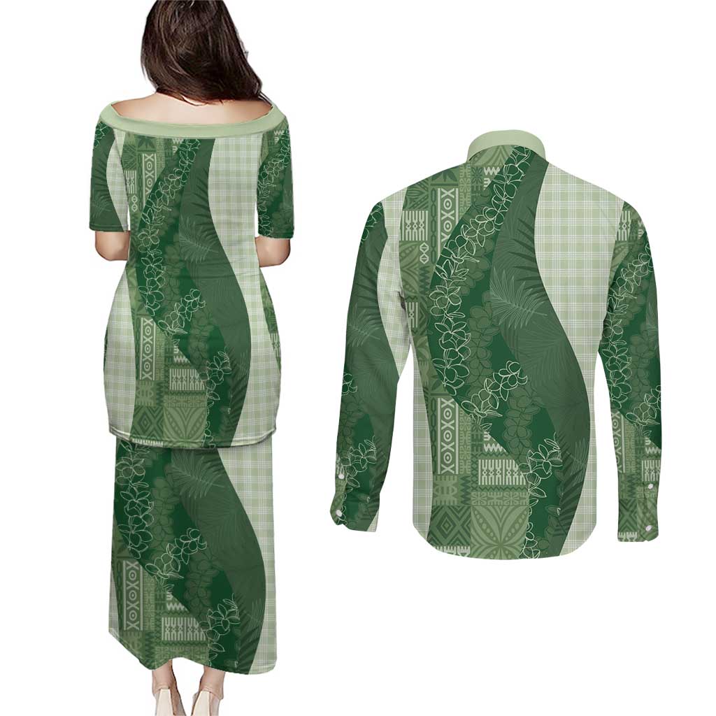 Polynesian Tribal Pattern Patchwork Picturesque Couples Matching Puletasi and Long Sleeve Button Shirt Sage Green