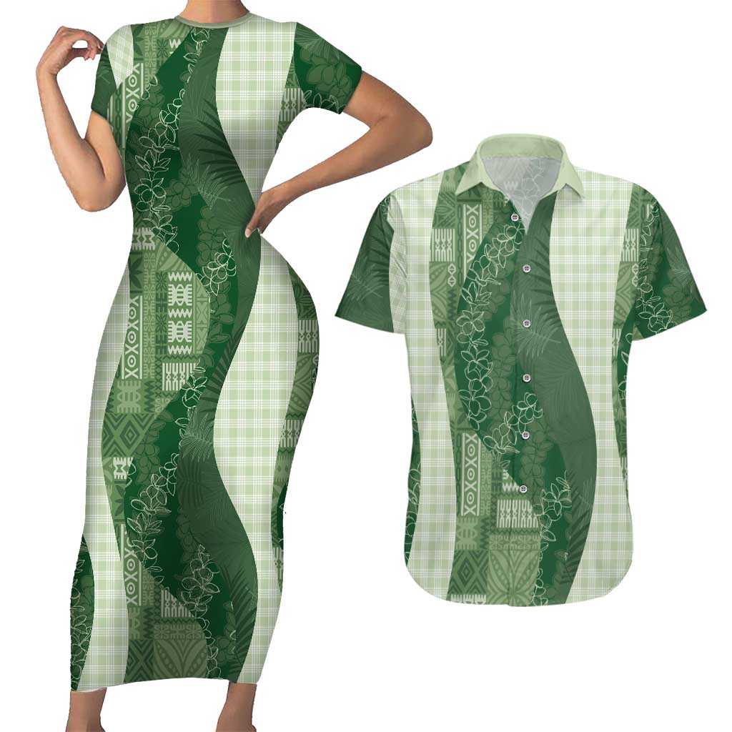 Polynesian Tribal Pattern Patchwork Picturesque Couples Matching Short Sleeve Bodycon Dress and Hawaiian Shirt Sage Green