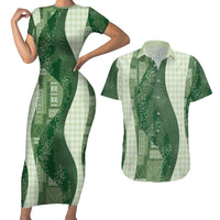 Polynesian Tribal Pattern Patchwork Picturesque Couples Matching Short Sleeve Bodycon Dress and Hawaiian Shirt Sage Green