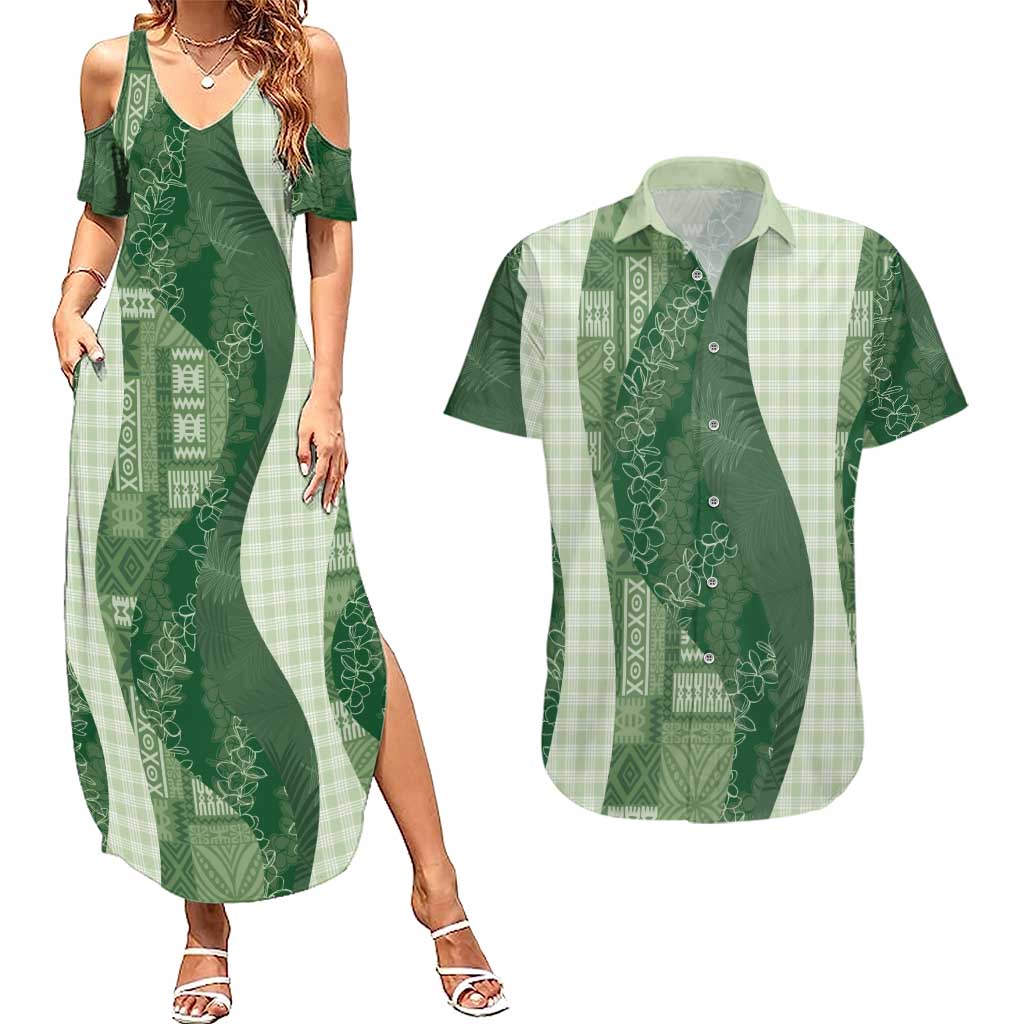 Polynesian Tribal Pattern Patchwork Picturesque Couples Matching Summer Maxi Dress and Hawaiian Shirt Sage Green