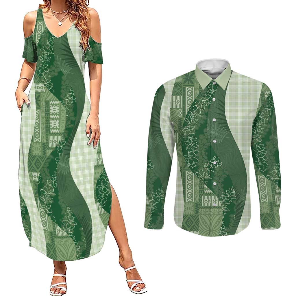 Polynesian Tribal Pattern Patchwork Picturesque Couples Matching Summer Maxi Dress and Long Sleeve Button Shirt Sage Green