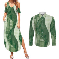 Polynesian Tribal Pattern Patchwork Picturesque Couples Matching Summer Maxi Dress and Long Sleeve Button Shirt Sage Green