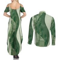 Polynesian Tribal Pattern Patchwork Picturesque Couples Matching Summer Maxi Dress and Long Sleeve Button Shirt Sage Green