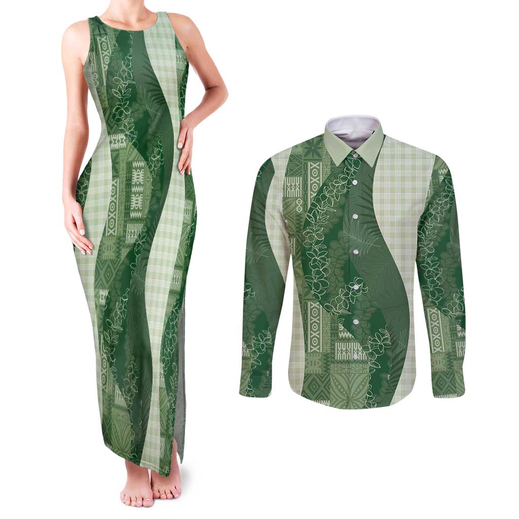 Polynesian Tribal Pattern Patchwork Picturesque Couples Matching Tank Maxi Dress and Long Sleeve Button Shirt Sage Green