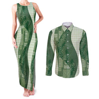 Polynesian Tribal Pattern Patchwork Picturesque Couples Matching Tank Maxi Dress and Long Sleeve Button Shirt Sage Green
