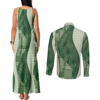 Polynesian Tribal Pattern Patchwork Picturesque Couples Matching Tank Maxi Dress and Long Sleeve Button Shirt Sage Green