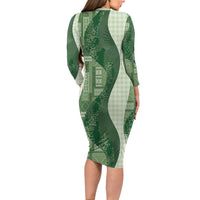Polynesian Tribal Pattern Patchwork Picturesque Family Matching Long Sleeve Bodycon Dress and Hawaiian Shirt Sage Green