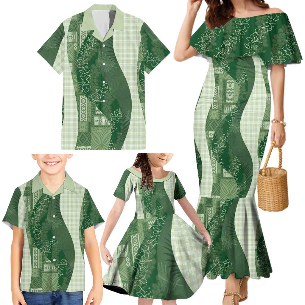 Polynesian Tribal Pattern Patchwork Picturesque Family Matching Mermaid Dress and Hawaiian Shirt Sage Green