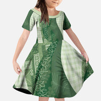 Polynesian Tribal Pattern Patchwork Picturesque Family Matching Off The Shoulder Long Sleeve Dress and Hawaiian Shirt Sage Green
