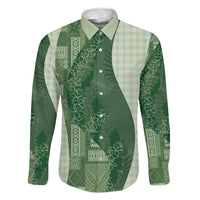 Polynesian Tribal Pattern Patchwork Picturesque Family Matching Off The Shoulder Long Sleeve Dress and Hawaiian Shirt Sage Green
