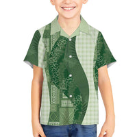 Polynesian Tribal Pattern Patchwork Picturesque Family Matching Off The Shoulder Long Sleeve Dress and Hawaiian Shirt Sage Green