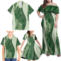 Polynesian Tribal Pattern Patchwork Picturesque Family Matching Off Shoulder Maxi Dress and Hawaiian Shirt Sage Green