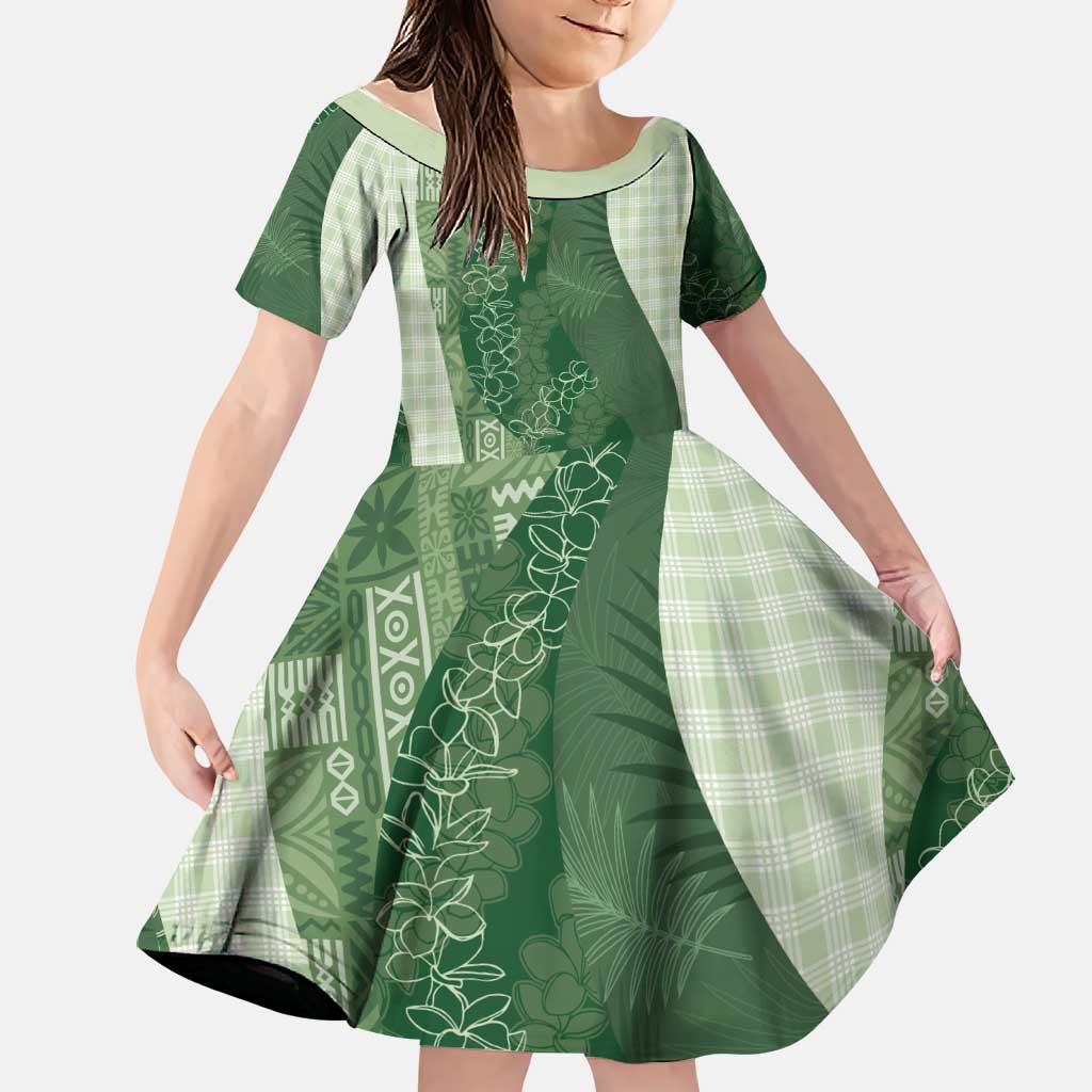 Polynesian Tribal Pattern Patchwork Picturesque Family Matching Off Shoulder Short Dress and Hawaiian Shirt Sage Green