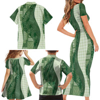 Polynesian Tribal Pattern Patchwork Picturesque Family Matching Short Sleeve Bodycon Dress and Hawaiian Shirt Sage Green