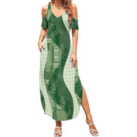 Polynesian Tribal Pattern Patchwork Picturesque Family Matching Summer Maxi Dress and Hawaiian Shirt Sage Green