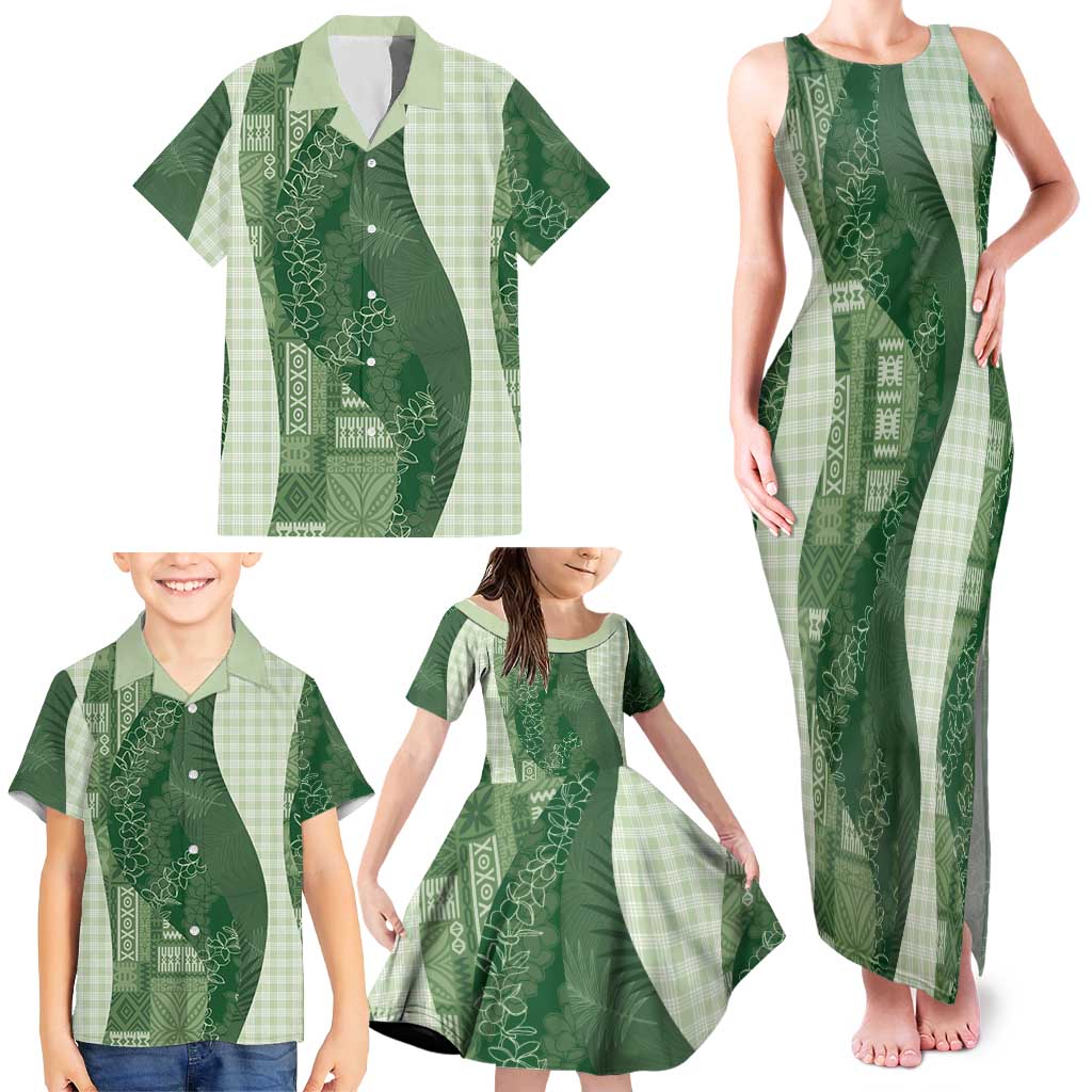Polynesian Tribal Pattern Patchwork Picturesque Family Matching Tank Maxi Dress and Hawaiian Shirt Sage Green