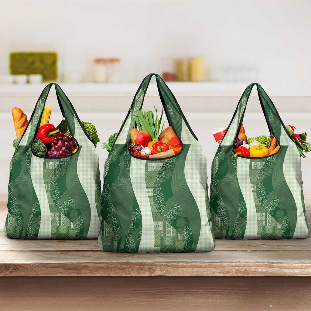 Polynesian Tribal Pattern Patchwork Picturesque Grocery Bag Sage Green