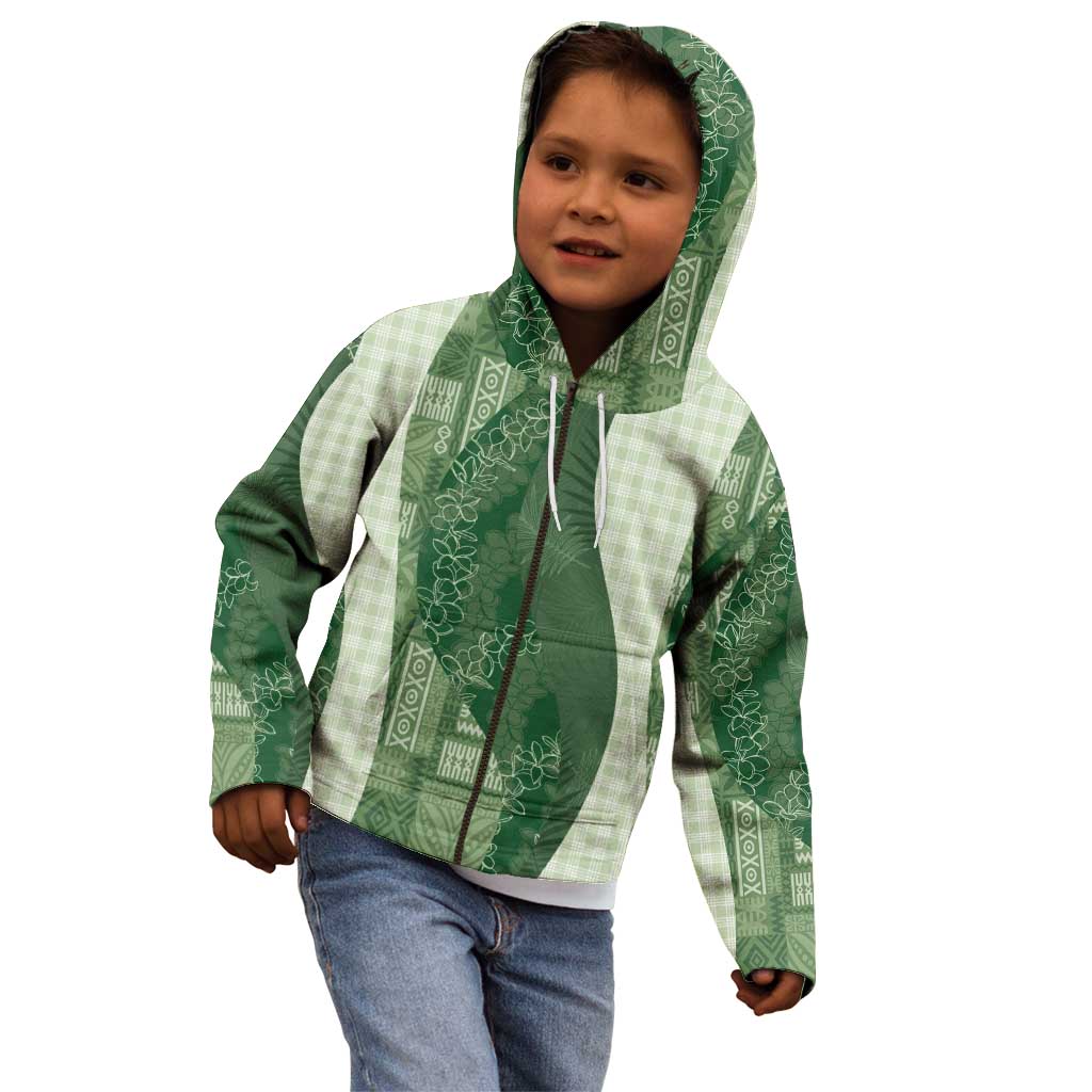 Polynesian Tribal Pattern Patchwork Picturesque Kid Hoodie Sage Green