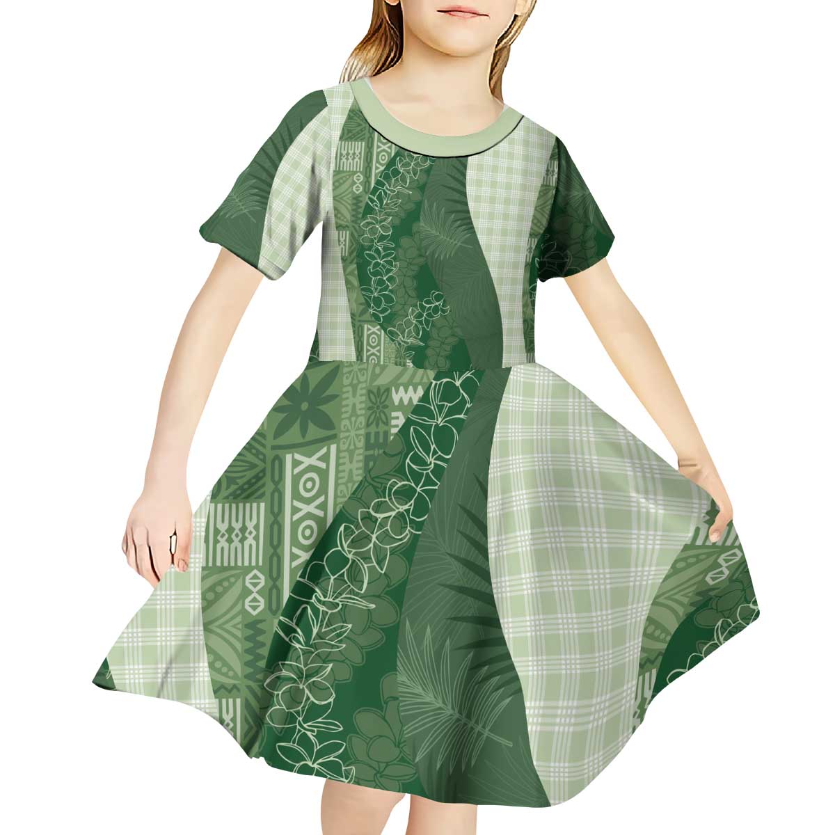 Polynesian Tribal Pattern Patchwork Picturesque Kid Short Sleeve Dress Sage Green