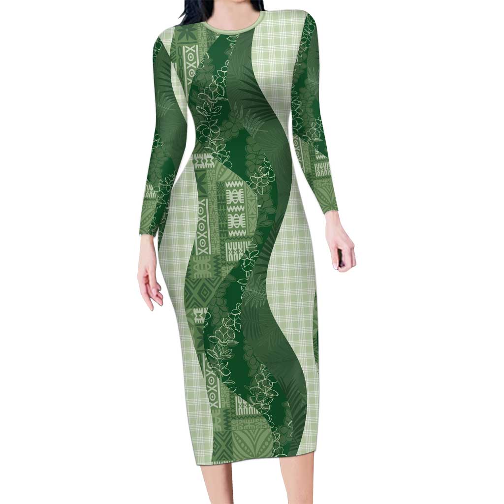 Polynesian Tribal Pattern Patchwork Picturesque Long Sleeve Bodycon Dress Sage Green