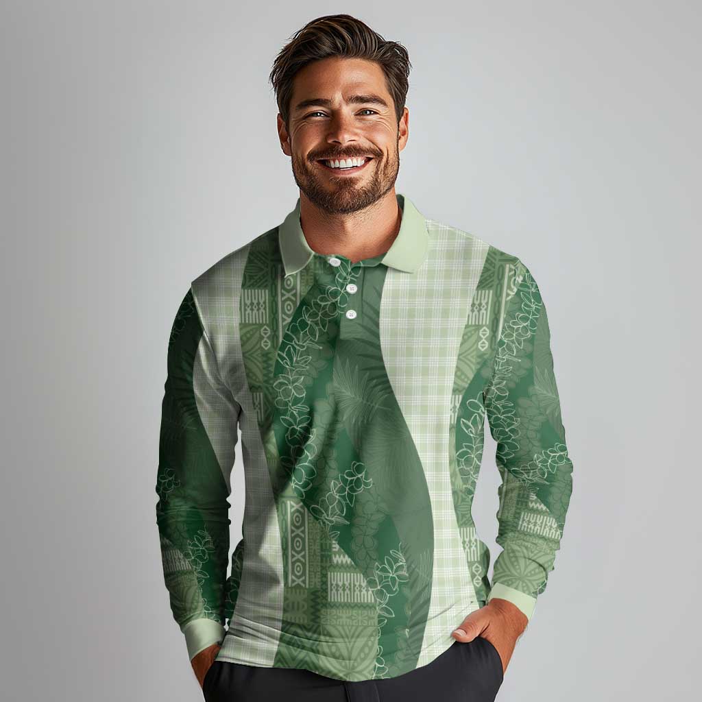Polynesian Tribal Pattern Patchwork Picturesque Long Sleeve Polo Shirt Sage Green
