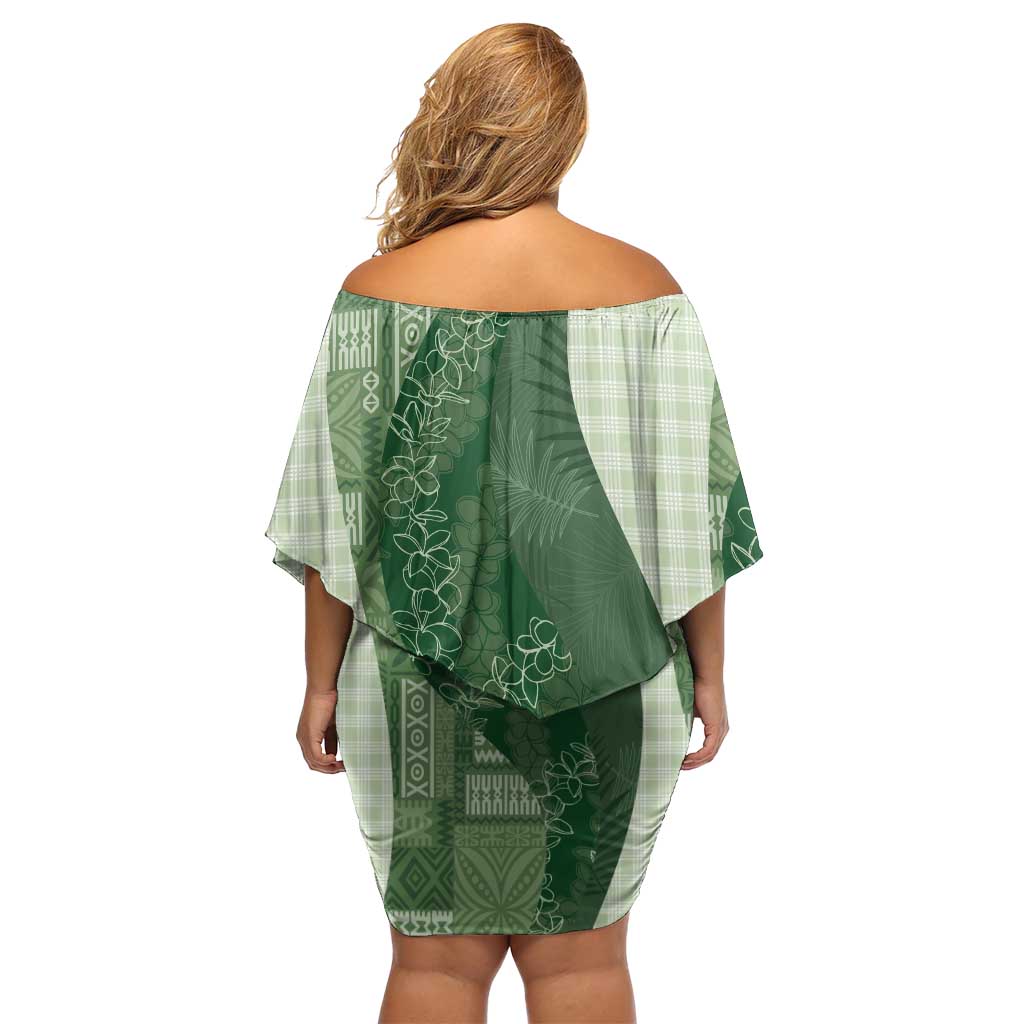 Polynesian Tribal Pattern Patchwork Picturesque Off Shoulder Short Dress Sage Green