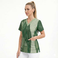 Polynesian Tribal Pattern Patchwork Picturesque Scrub Top Sage Green