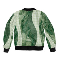 Polynesian Tribal Pattern Patchwork Picturesque Sleeve Zip Bomber Jacket Sage Green