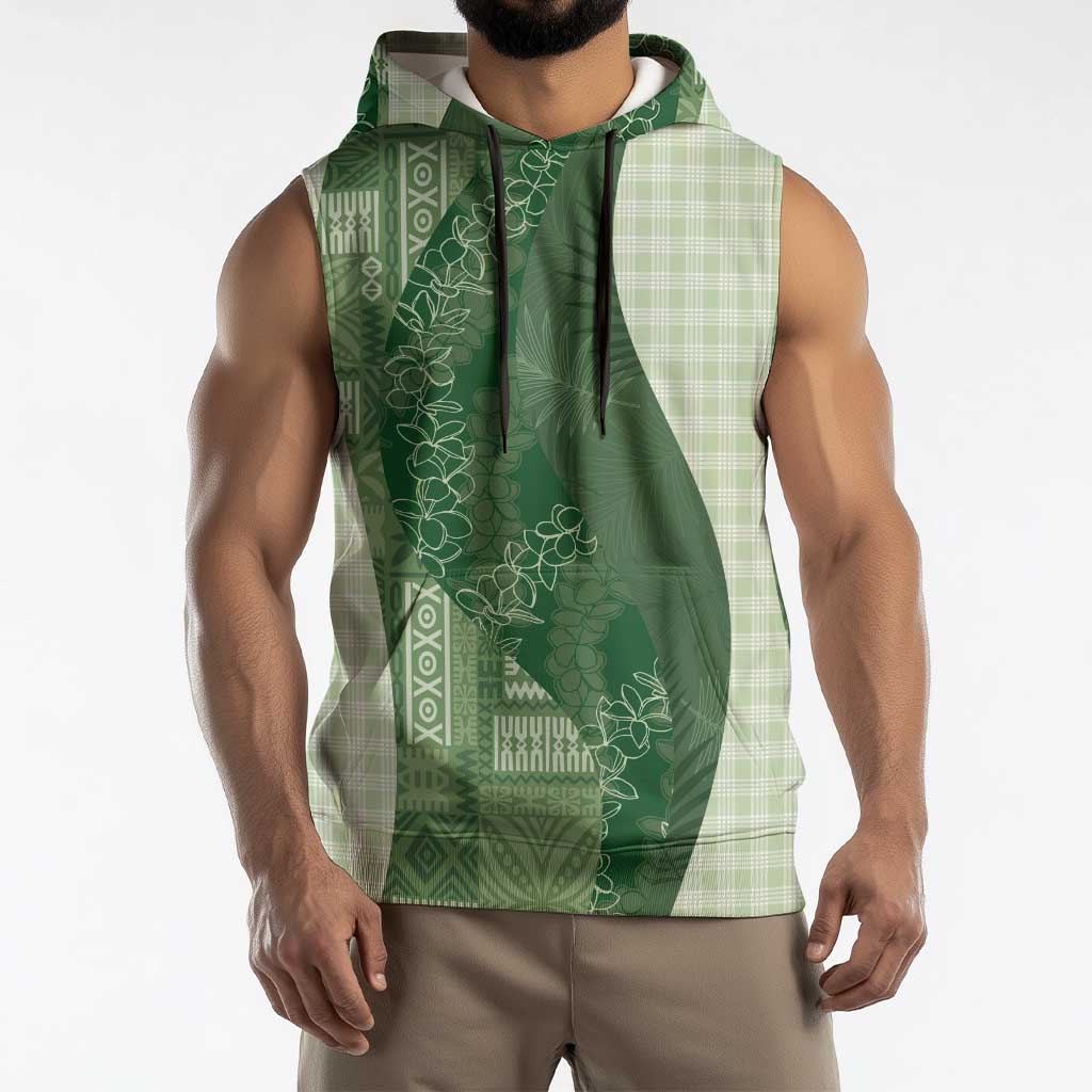 Polynesian Tribal Pattern Patchwork Picturesque Sleeveless Hoodie Sage Green
