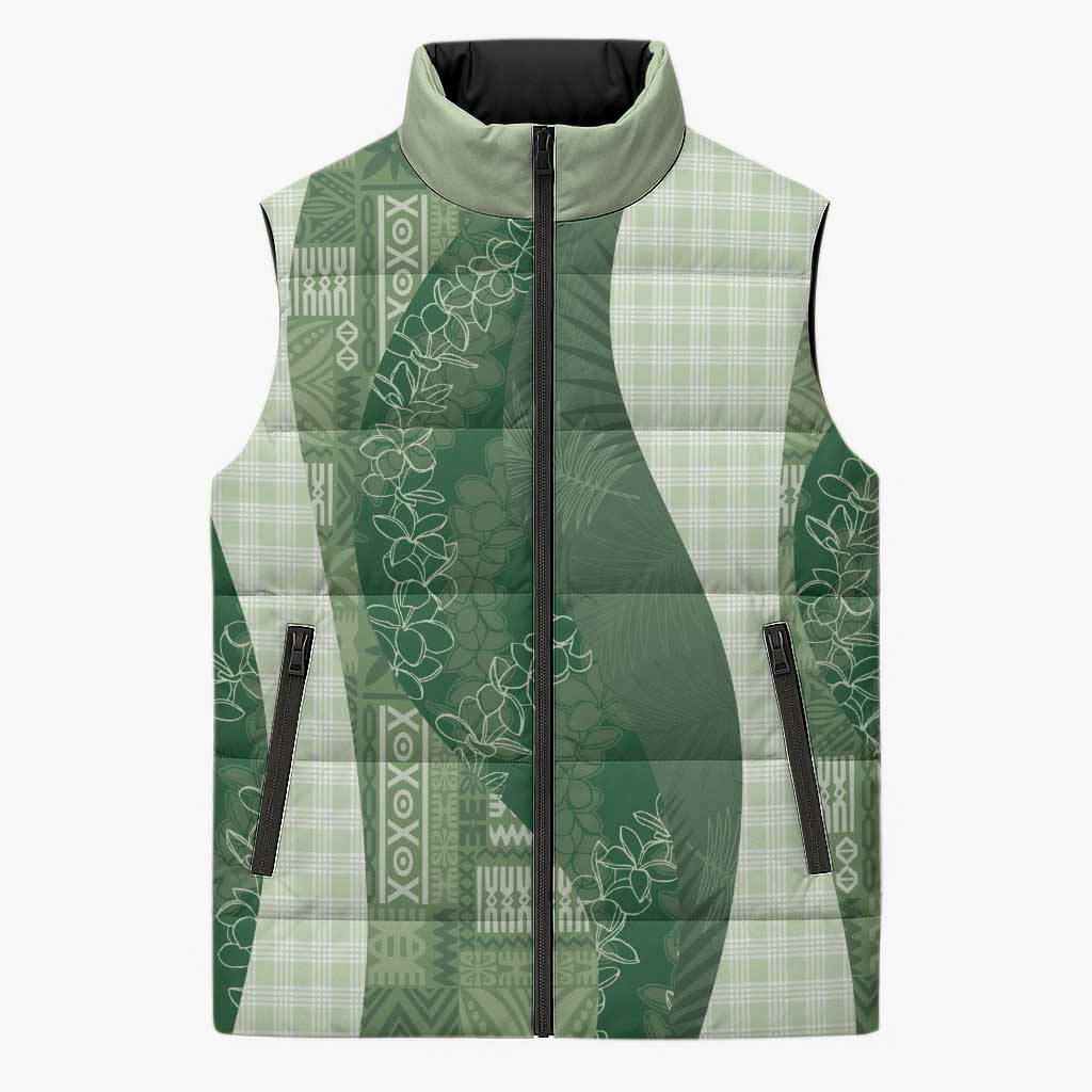 Polynesian Tribal Pattern Patchwork Picturesque Sleeveless Puffer Jacket Sage Green