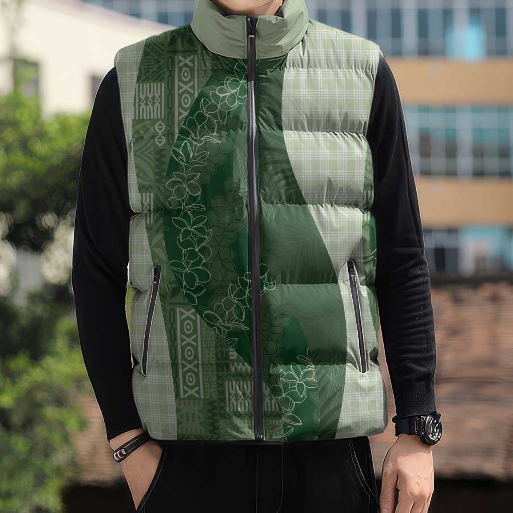 Polynesian Tribal Pattern Patchwork Picturesque Sleeveless Puffer Jacket Sage Green