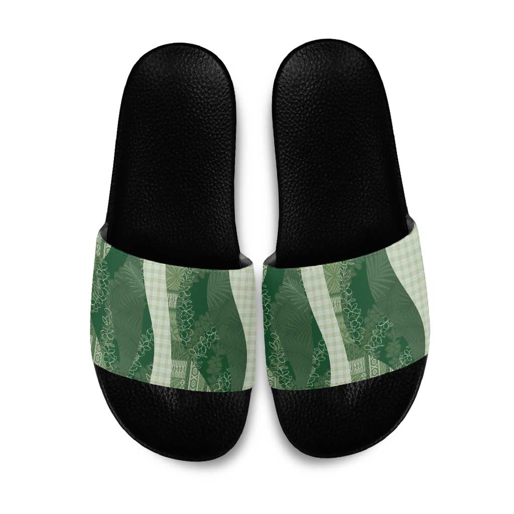 Polynesian Tribal Pattern Patchwork Picturesque Slide Sandals Sage Green